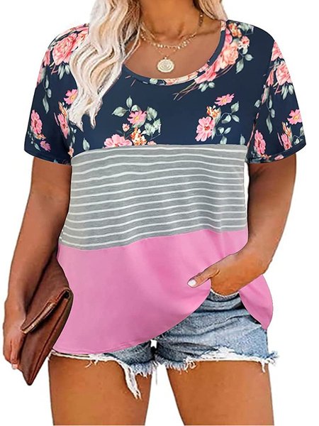 

Plus Size Color Block Tops Women Floral Striped Tee Shirt L, Multicolor, T-Shirts
