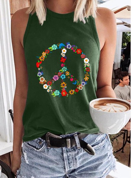 

Love And Peace, Flower Hippie Tank Top, Peace Sign Lover Floral , Festival T Shirts, Botanical Gifts, Wildflower Party Present, Dark green, Tank Tops