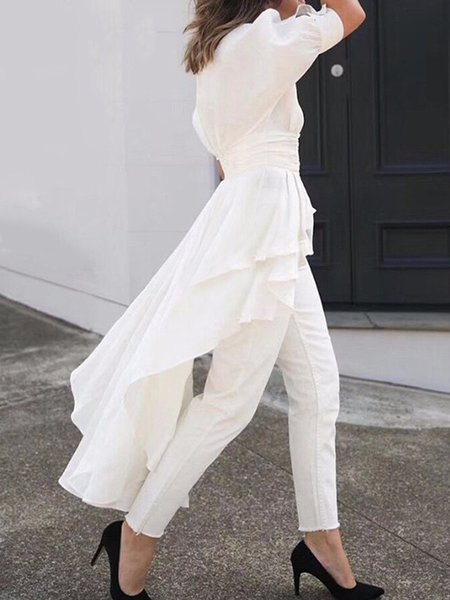 

V Neck Short Sleeve Work Blouse, White, Blouses and Shirts