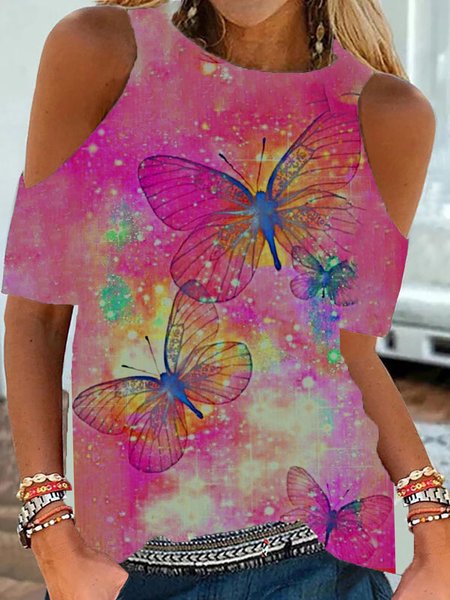 Farfalla Stampato Vacanza Casuale Viola Spalla Nuda Top, Blouses & Shirts