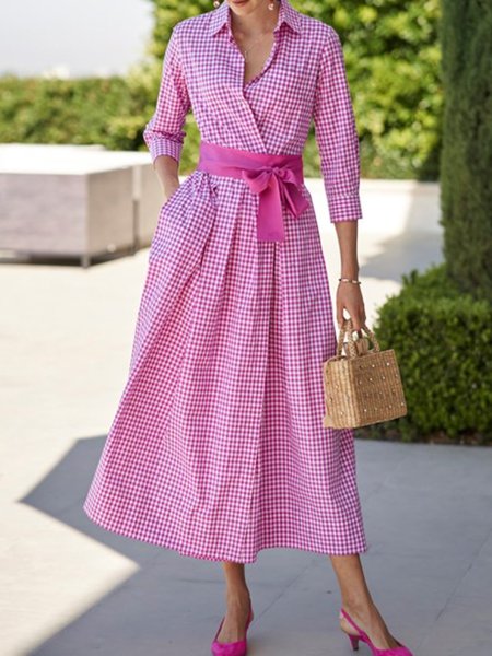 

3/4 Sleeve Work Shirt Collar Checkered/plaid Midi Dress, Pink, Midi Dresses