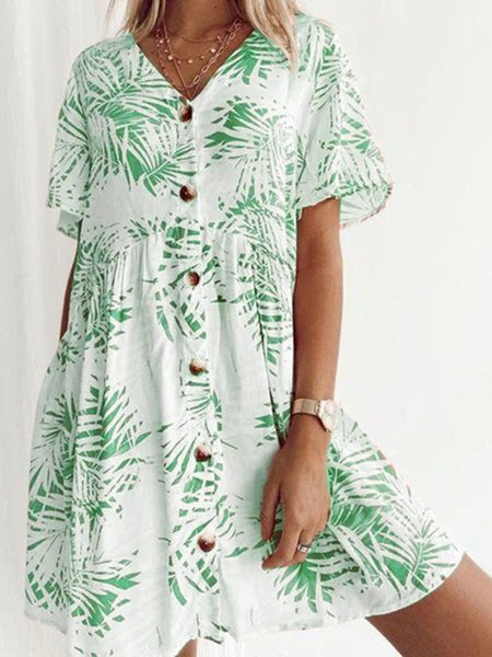 

Short Sleeve Cotton-Blend Printed Weaving Dress, Green, Floral Dresses