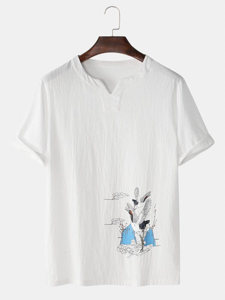 

Mens Chinese Style Crane Print V-Neck Cotton Linen Loose Half Sleeve T-Shirts, White, Men's t-shirts