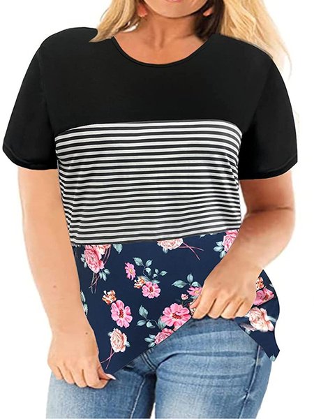 

Plus Size Color Block Tops Women Floral/Striped Tee Shirt L, Multicolor, T-Shirts