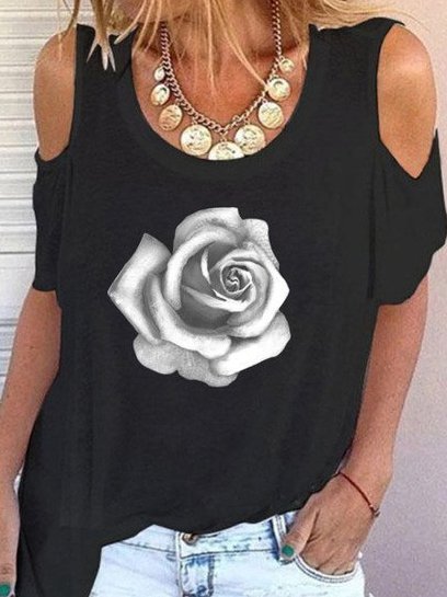

Crew Neck Floral Short Sleeve Tops, Black, T-Shirts