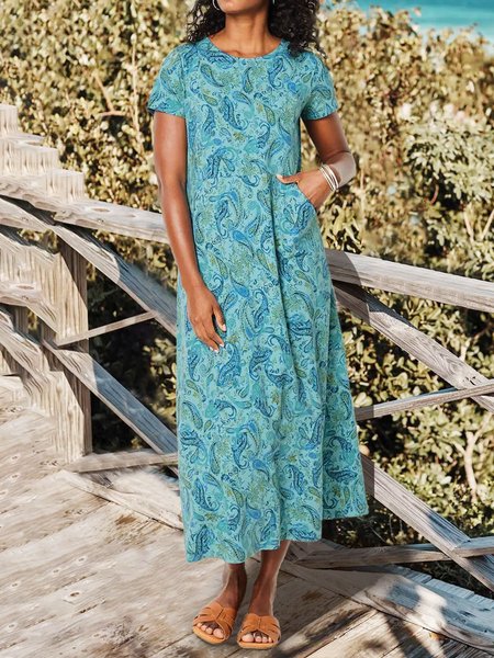 

Basic Paisley Short Sleeve Printed Dresses, Blue, Dresses