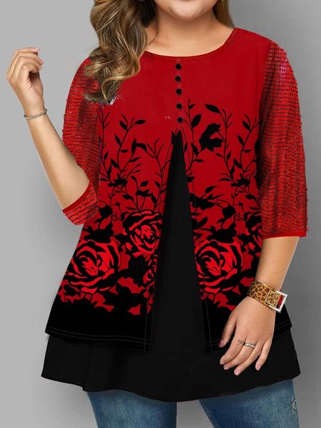 

Half Sleeve Casual Cotton Floral Tops, Black-red, T-Shirts