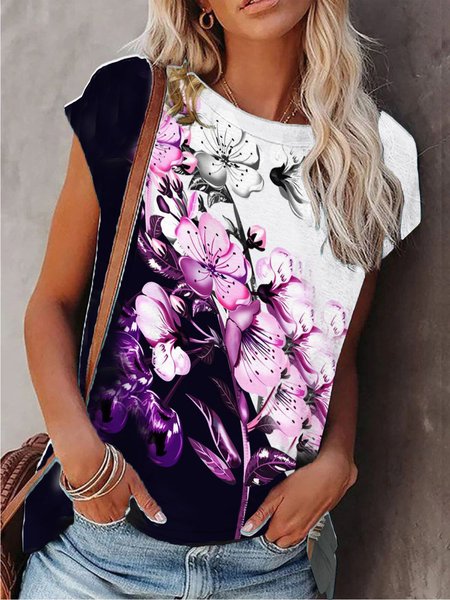 

Maniche Corte Casuale Girocollo Floreale Top, Nero-bianco, Tops