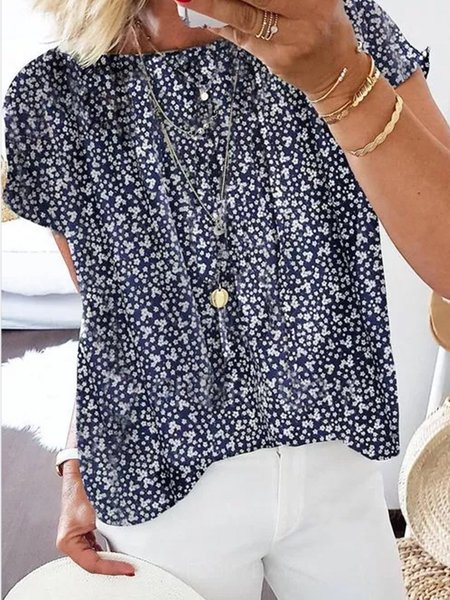 

Crew Neck Short Sleeve Cotton-Blend Casual Shirts & Tops, Blue, Tops