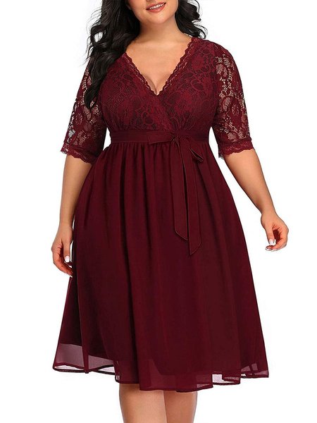 

Short Sleeve V Neck Paneled A-Line Weaving Dress, Wine red, Dresses