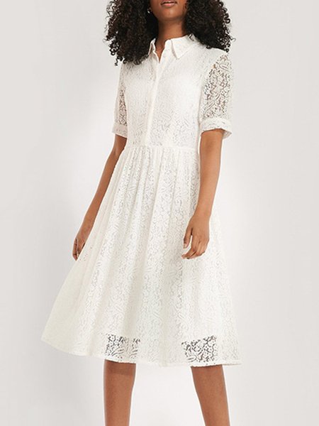 

Short Sleeve Holiday Lace Shirt Collar Midi Dress, Beige, Midi Dresses