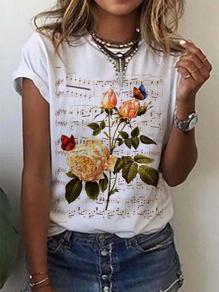 

Floral Casual Shift Cotton-Blend T-Shirts, White, T-Shirts