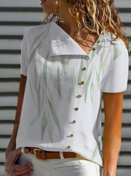 

Le foglie Misto Cotone Maniche Corte Dritto Top, Bianco, Blouses & Shirts
