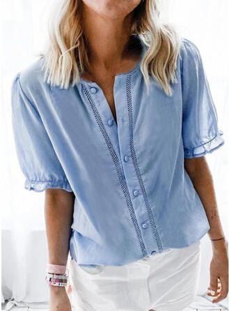 

Short Sleeve Shirt Collar Cotton-Blend Casual Blouse, Blue, Blouses & Shirts