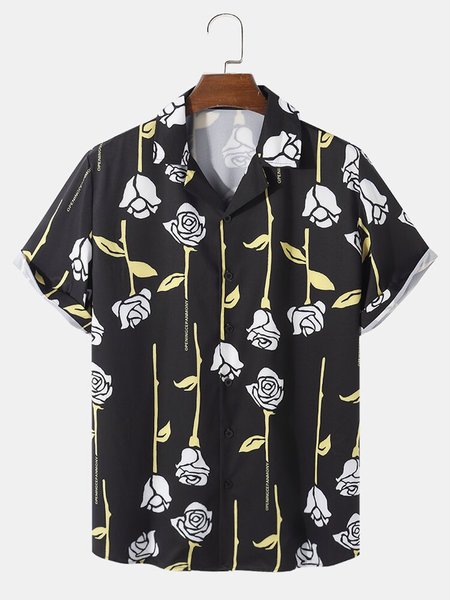 

Mens All Over Rose Print Black Revere Collar Short Sleeve Shirt, Men's Floral shirt