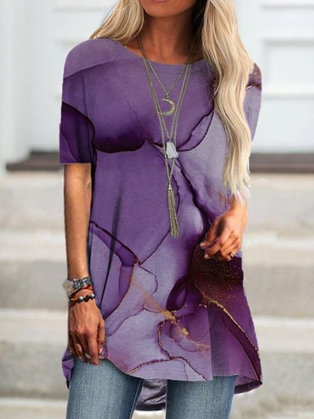 

Cotton-Blend Short Sleeve Tops, Picture color, Tunics
