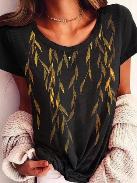 

Misto Cotone Casuale Le foglie Top, Nero, Tops