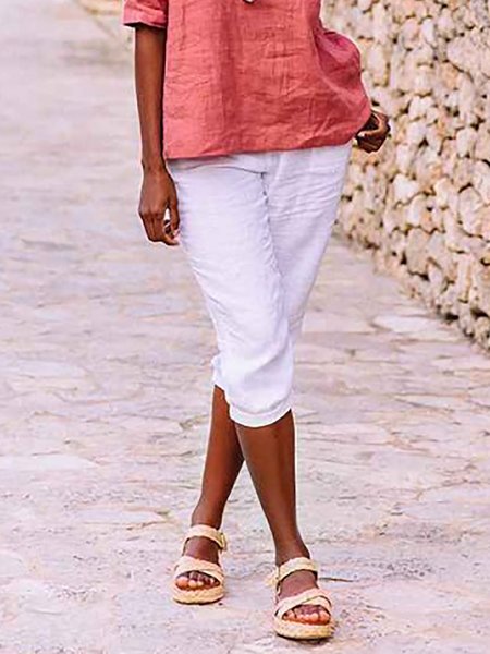 

Summer Solid Cotton-Blend Casual Slim Cropped Trousers, White, Shorts