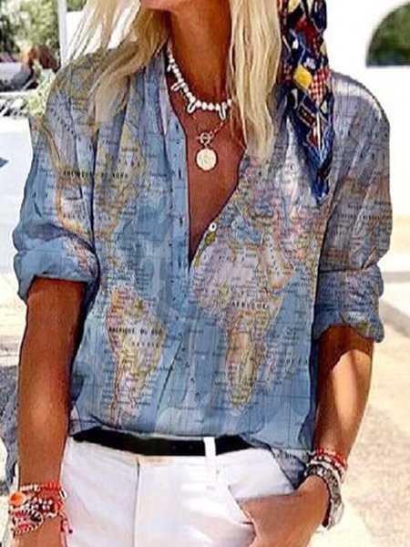

Vintage 3/4 Manica Carta geografica Stampato Scollo a V taglia grande Casuale Top, Blu, Blouses & Shirts