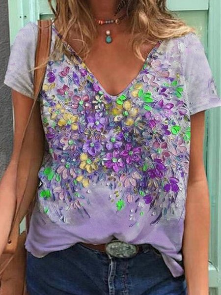 

Maniche Corte Floreale Dritto Ricorrere Top, Viola, Tops