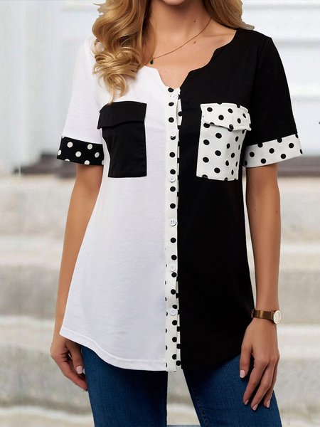 

Maniche Corte Scollo a V a pois Top, Nero-bianco, Tops