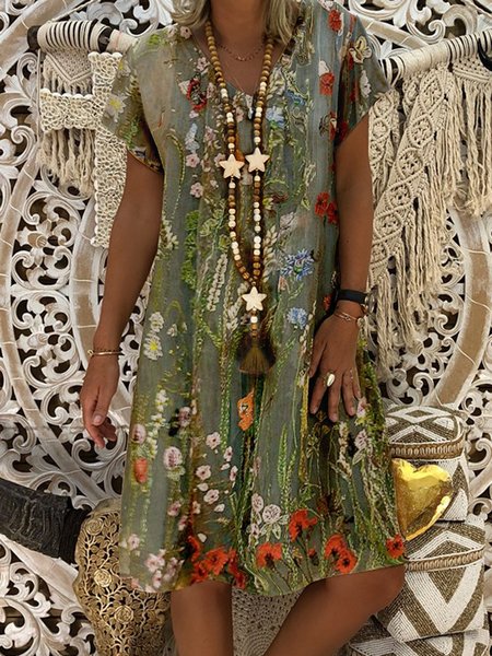 

Misto Cotone Maniche Corte Bohemian Floreale Abito, Blu, Dresses