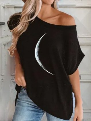 

Moon Print Short Sleeve Casual T-shirt, Black, Tees & T-shirts