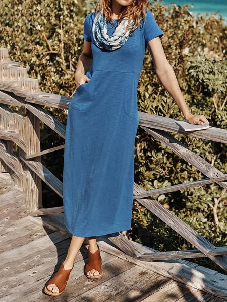 

Crew Neck Short Sleeve Modal Statement Dresses, Blue, Dresses