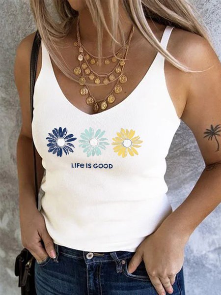 

Letter V Neck Sleeveless Casual T-shirt, White, Tops