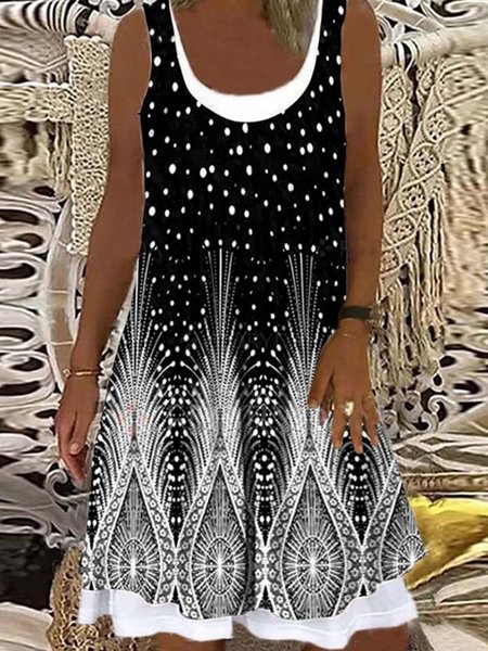 

Floral-Print Tribal Casual Sleeveless Knitting Dress, Black, Boho dresses