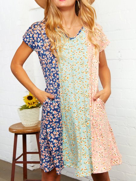 

Holiday Short Sleeve Floral-Print Vertical Color Block Casual Weaving Dress, As picture, Floral Dresses