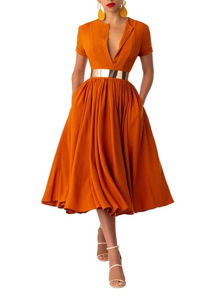 

Abito Solido Maniche Corte Girocollo, Arancia, Midi Dresses