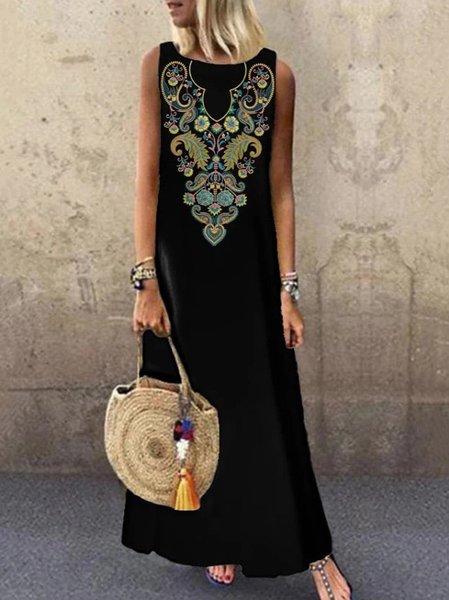 

Tribal Printed Casual Crew Neck Knitting Dress, Black, Boho dresses