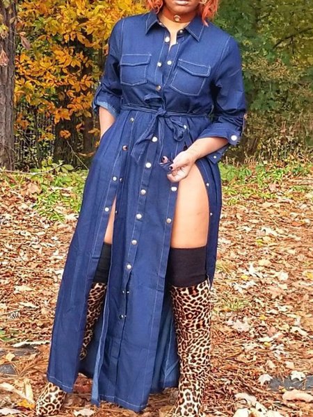 

Long Sleeve Plain Casual Shirt Collar Maxi Dress, Blue, Maxi Dresses