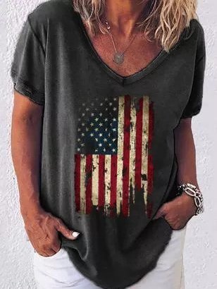 

V Neck Flag Casual Tops, Black, T-Shirts