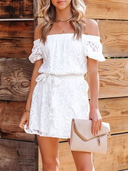 

Short Sleeve Work Party Shift Cold Shoulder Mini Dress, White, Mini Dresses