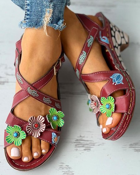 

Floral Pattern Bandage Cutout Chunky Heels, Red, Sandals