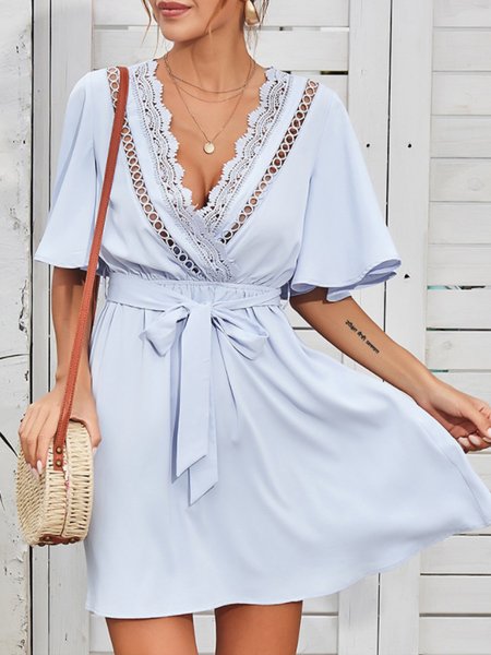 

V Neck Half Sleeve Guipure Lace Mini Dress, Blue, Mini Dresses