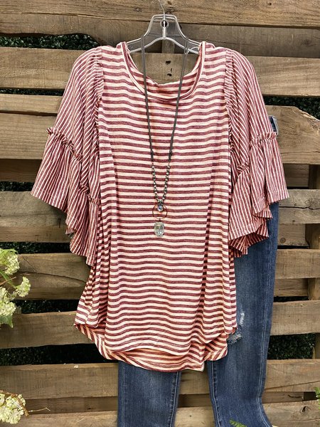 

Mezza Manica Dritto a Righe Camicie & Top, Rosso, Blouses & Shirts