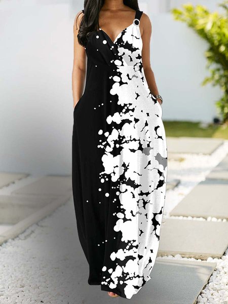 

Ombre/Tintura a nodi senza maniche Stampato Misto Cotone Scollo a V Casuale Estate Nero Abito, Dresses