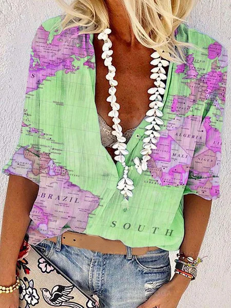 Stampato Scollo a V Stampato 3/4 Manica Top, Verde, Blouses & Shirts