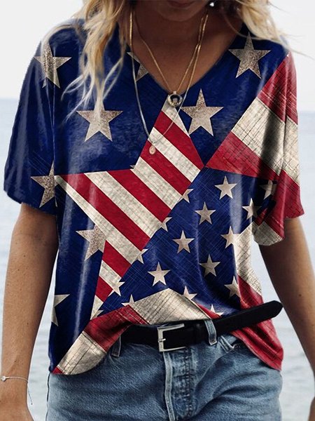 

Short Sleeve Shift Cotton-Blend Flag Tops, Blue, T-Shirts