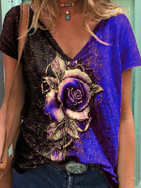 

Short Sleeve Casual V Neck Tops, Blue, T-Shirts