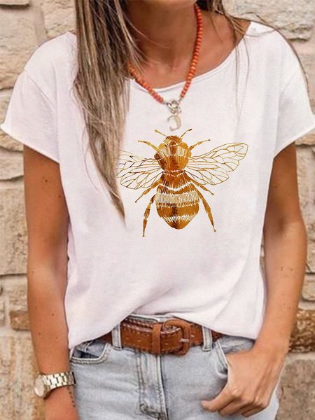 

Dritto Casuale Maniche Corte Stampato Top, Bianco, Tops