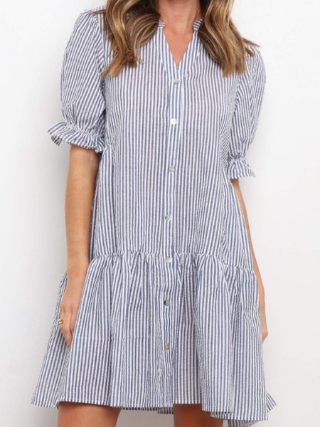 

Stripes V Neck Short Sleeve Mini Dress, Blue, Mini Dresses