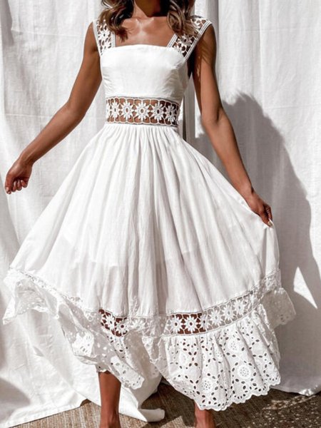 

Spaghetti Midi Dresses A-Line Holiday Plain Dress, White, Midi Dresses