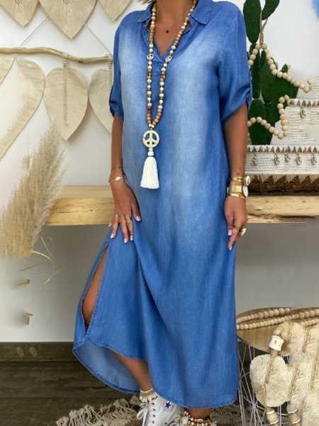 

Plain Half Sleeve Casual Shirt Collar Maxi Dress, As picture, Maxi Dresses