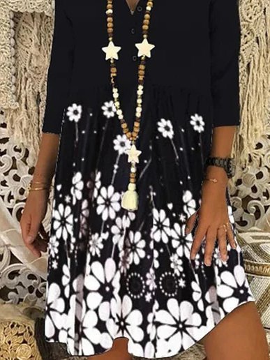 

Abito Stampato Casuale Floreale di Misto Cotone, Nero, Casual Dresses