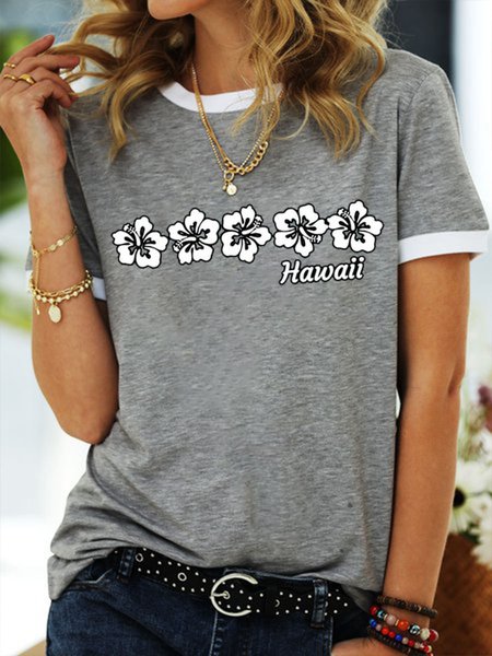 

Hawaii Floral Print Women's T-Shirt, Grey, T-shirts