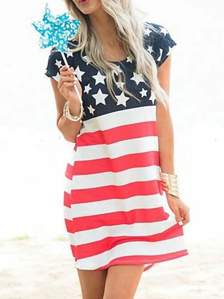 

Flag Cotton-Blend Casual Short Sleeve Knitting Dress, Blue red, Casual Dresses